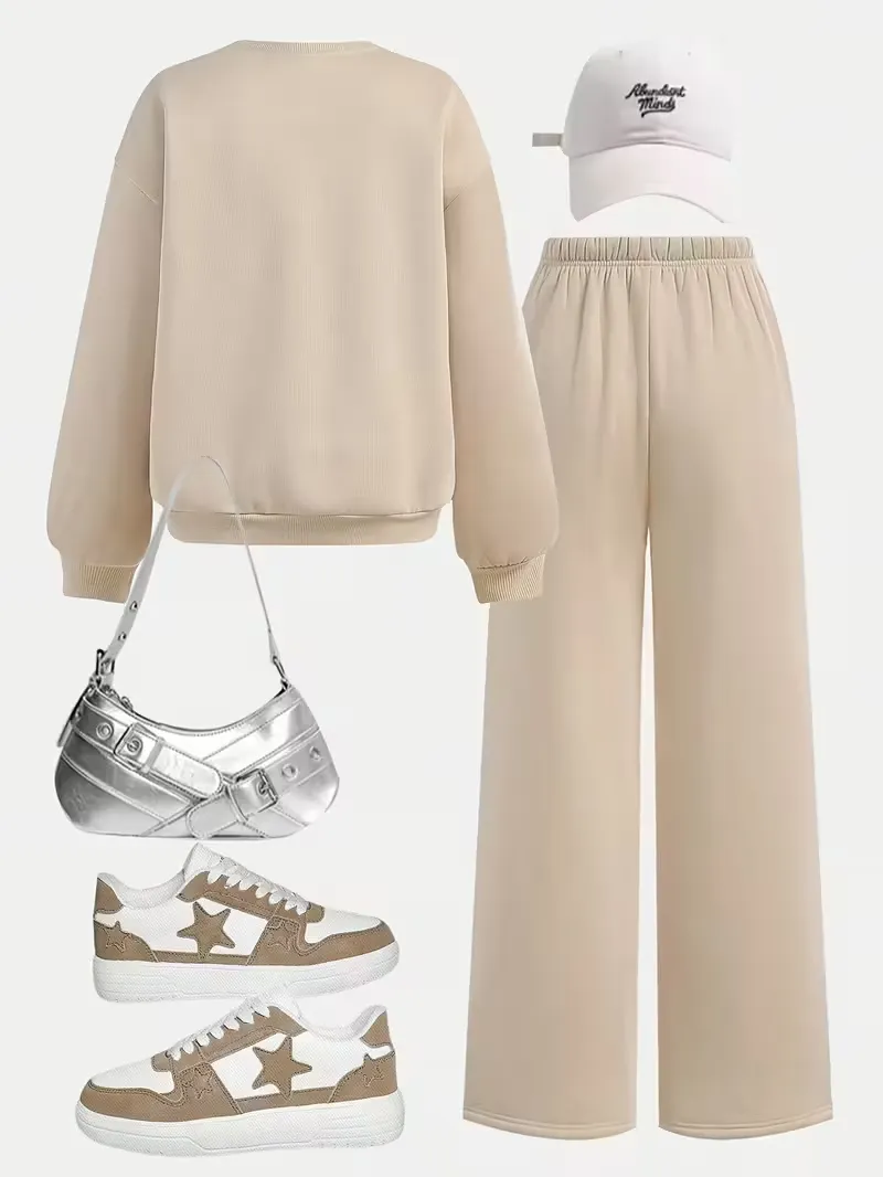 Girls' Casual Back-to-School Outfit Set, Round Neck Pullover and Wide-Leg Pants, Bohemian Street Style Sportswear, for Outdoor, Comfortable