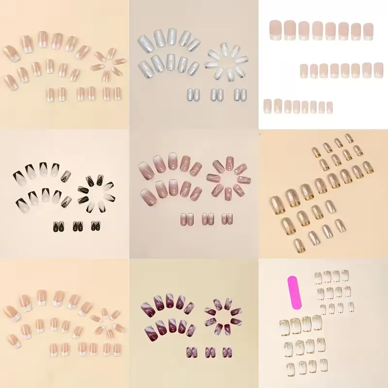 96pcs Short Square French-Style Press-On Nails Full Cover - White Tip Gradient Base, Glossy Short Length Fake Nails Suitable for Women