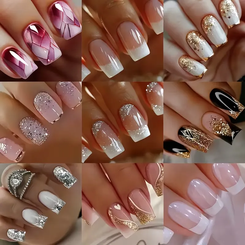 96pcs Short Square French-Style Press-On Nails Full Cover - White Tip Gradient Base, Glossy Short Length Fake Nails Suitable for Women