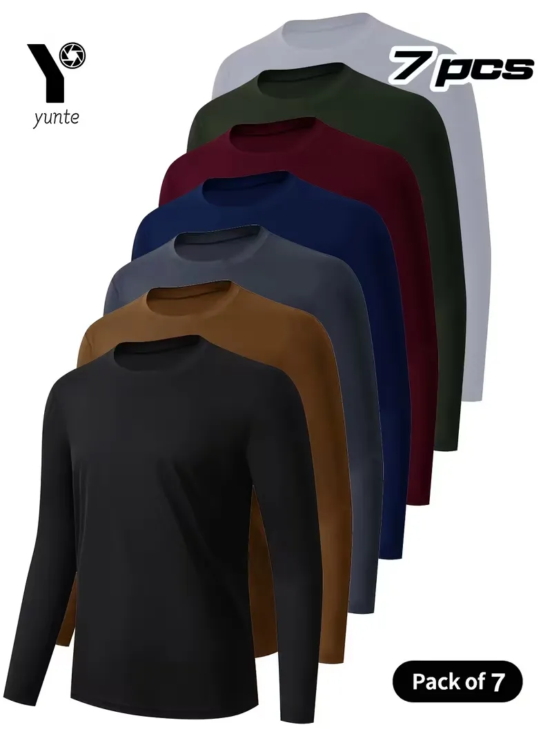 7pcs Men's Quick-Drying Long Sleeve Fitness T-Shirts - Breathable, Comfortable, Ideal for Body Shaping