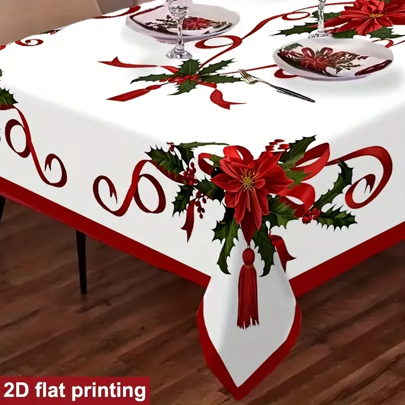 1 Rectangular Christmas Tablecloth - Red, White, and Green Polyester Holiday Table Cover, Suitable for 8/6/4-Seater Dining Tables, New Year Party Decoration, Machine Washable, Easy to Clean, with Tass