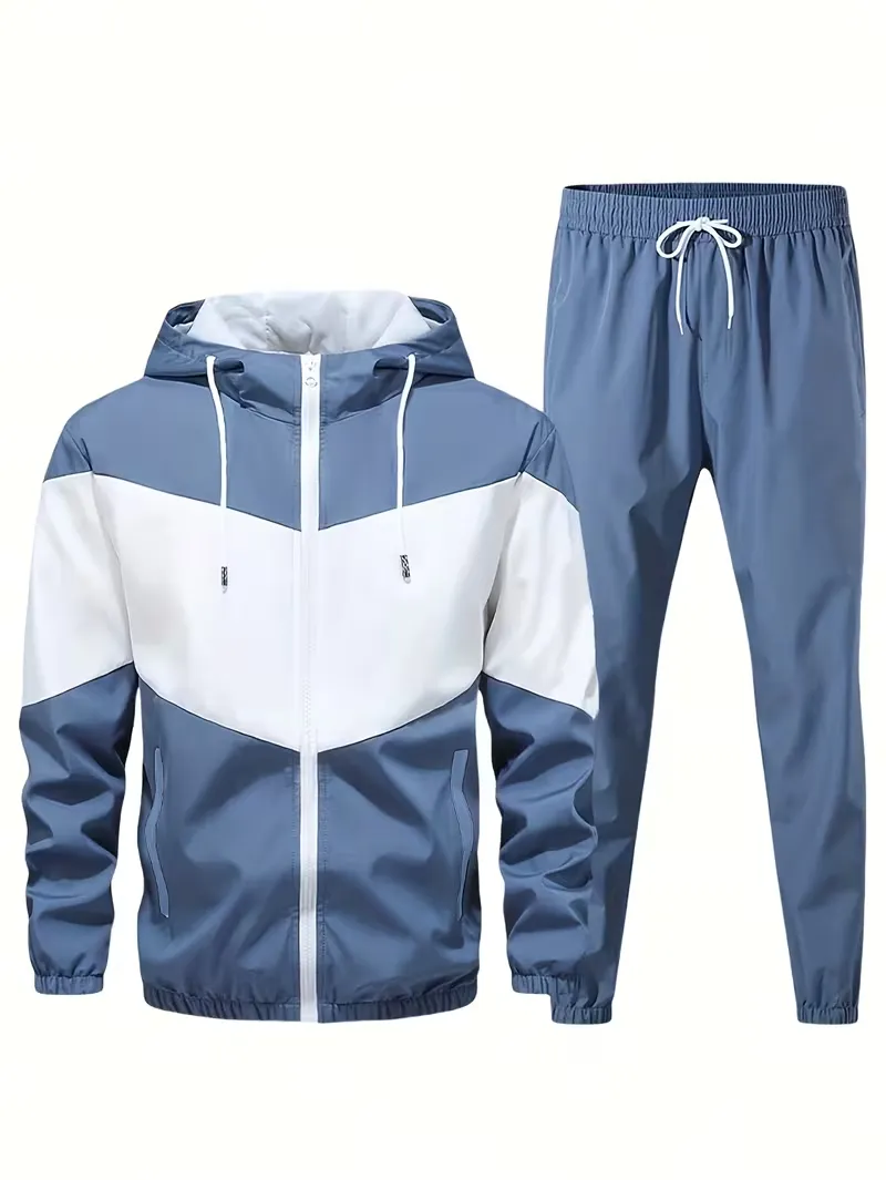 [2pcs Sportswear Set] Men's Casual 2pcs Sportswear Set Unisex Couple's Four Seasons Spring and Autumn Loose Color Block Outfit with Hooded Zip-Up Jacket Long Sleeve Coat