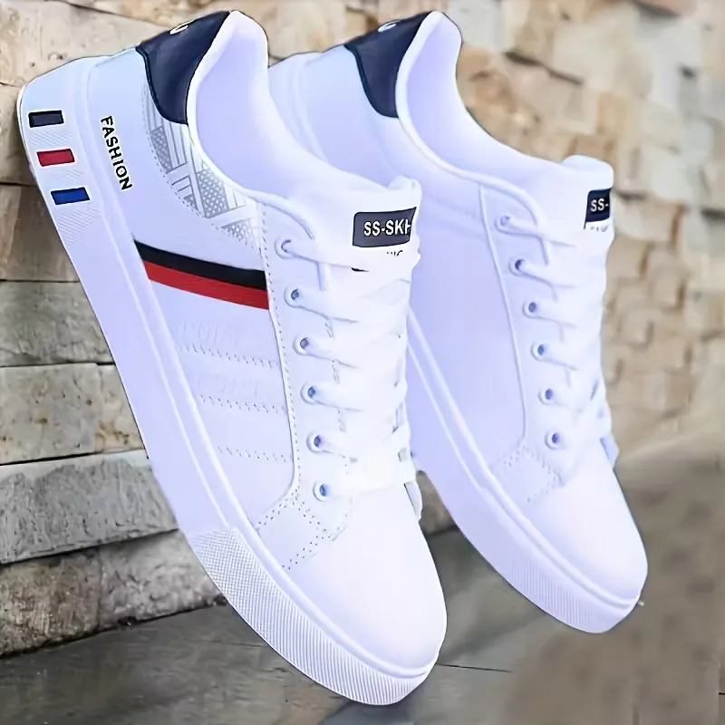 Men's Skate Sneakers, Lace-Up with Stripe Design, Breathable PU Upper Durable PVC Sole, Comfortable Casual Shoes for Casual Attire